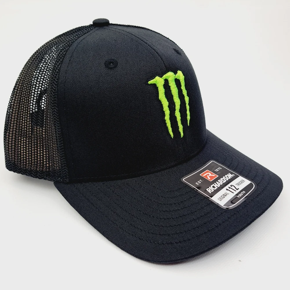 Richardson 112 Moster Energy Fox Youth Trucker Mesh Snapback Cap Hat Black